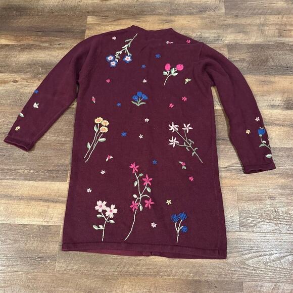 Quacker Factory Floral Embroidered Long Burgundy Cardigan Duster Cottage FLAWS - Picture 2 of 14